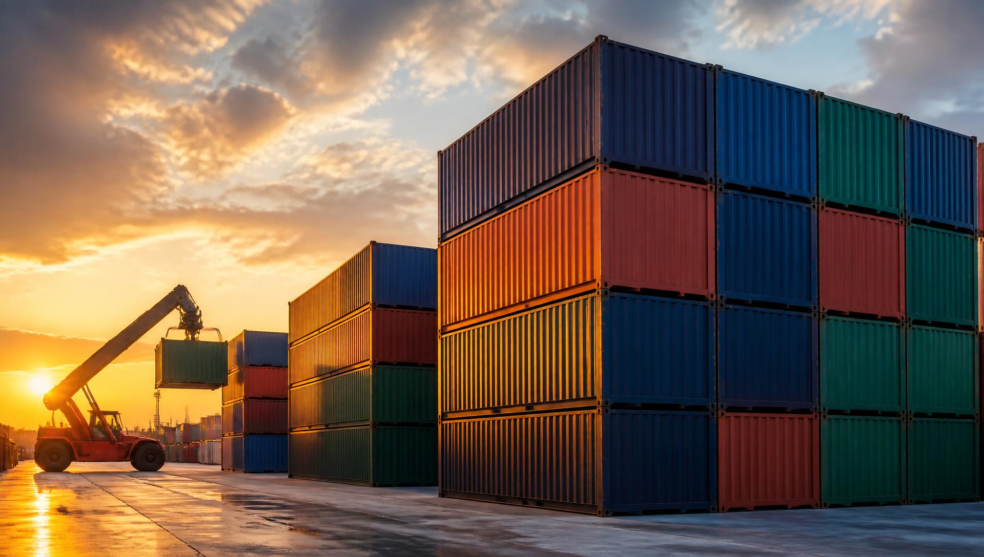 Stacked steel shipping containers at a depot at sunset